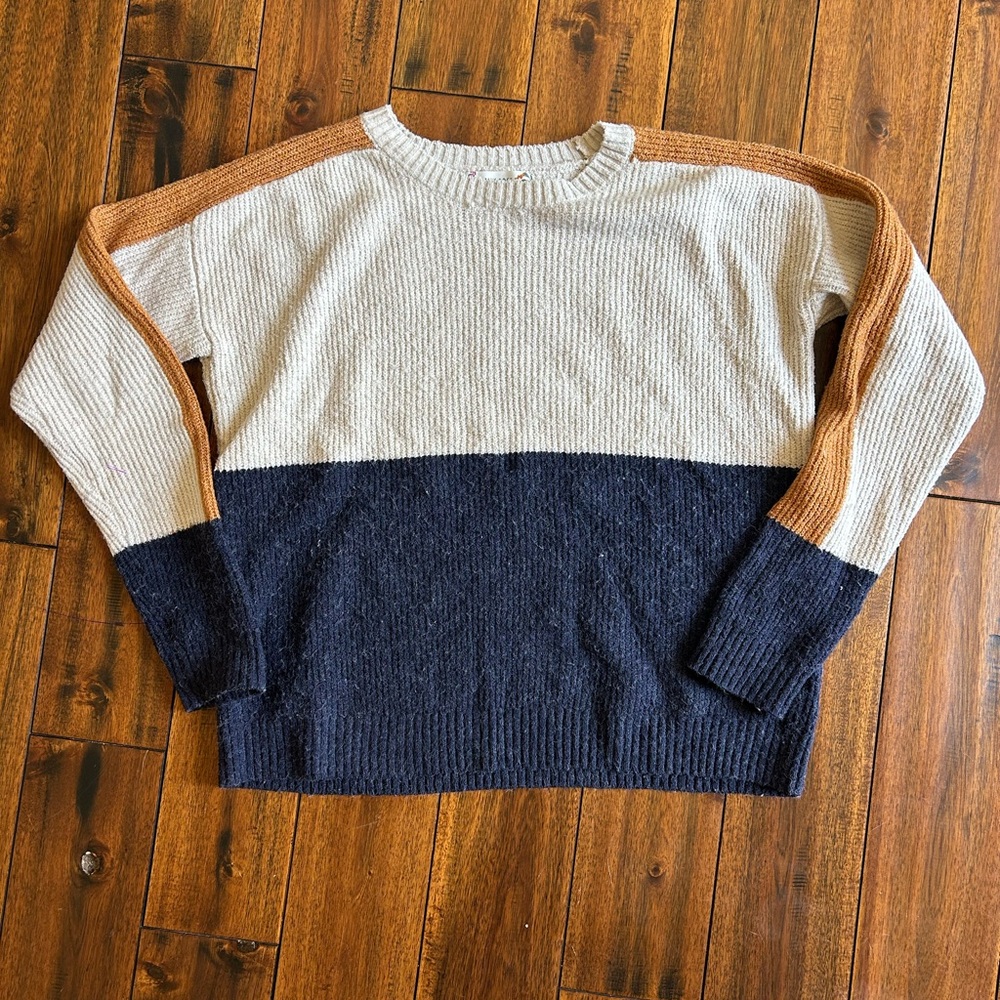Pink Rose Cream, Tan, and Blue Crew Neck Sweater